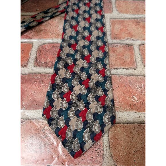 Oscar de la Renta Designer Mens Neck Tie 100% Silk Blue Red Beige Teardrop Tear - Picture 3 of 6